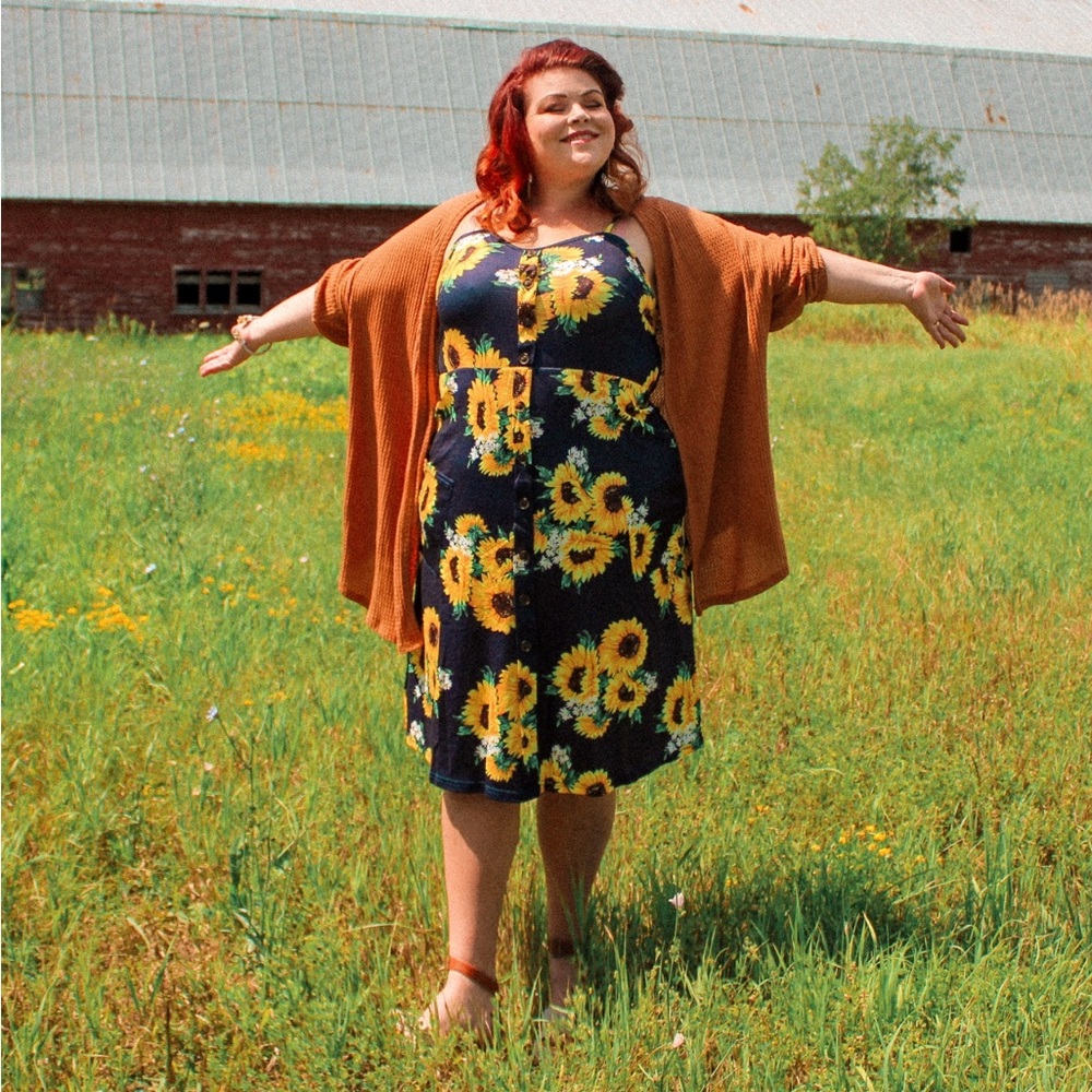 Sunflower Navy Blue Wildflowers Spaghetti Strap Buttons Midi Dress XXL
